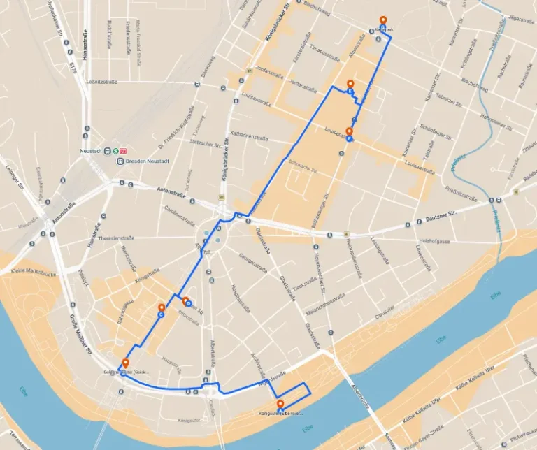 AnyWayTale – Dresden Riverside & Local walk map with Elbe views, Neustadt streets, markets and cafés