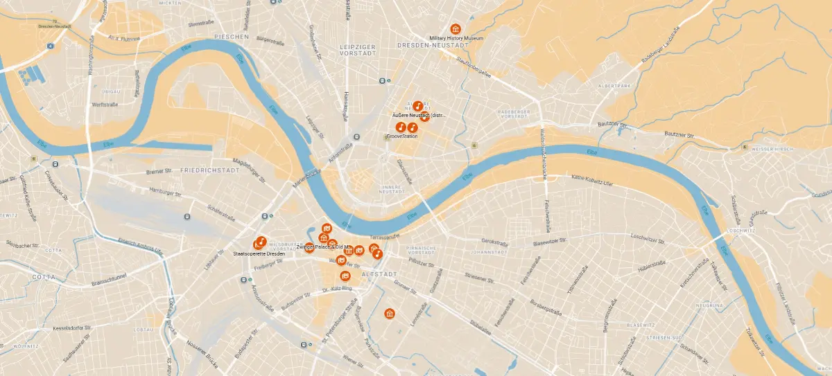AnyWayTale-Dresden art, culture & events map with pinned highlights across the city.
