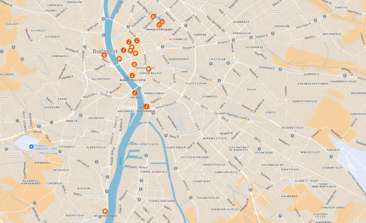 AnyWayTale - map showing Budapest art, culture and events highlights, including museums, ruin bars, festivals, live music, theatre and nightlife