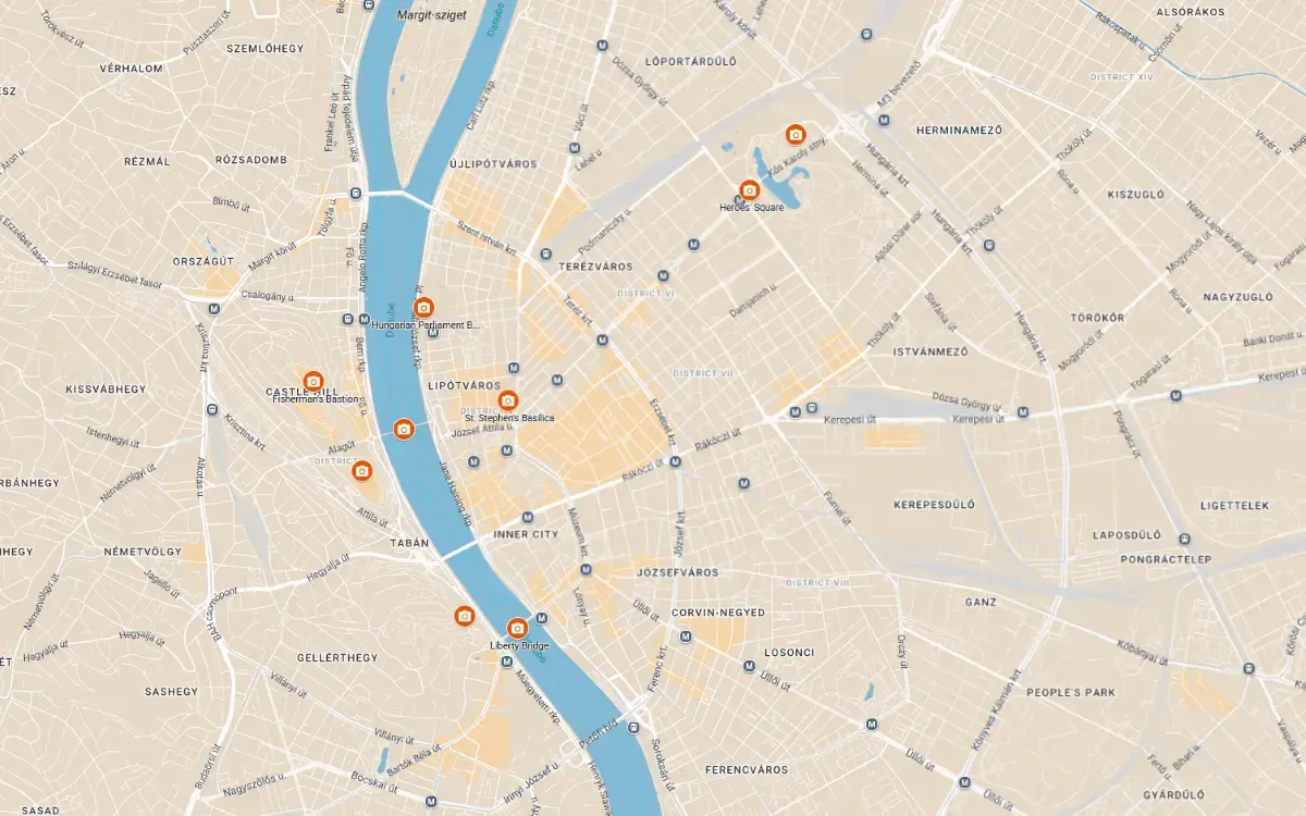 AnyWayTale - map showing the best Budapest photo spots, including Fisherman’s Bastion, the Hungarian Parliament Building, Chain Bridge, Buda Castle, and Gellért Hill