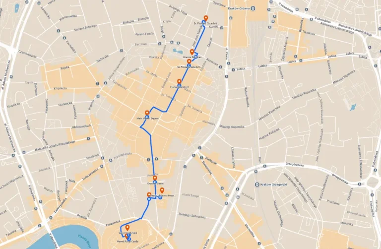 AnyWayTale - Cracow Royal Route walking map from the Old Town to Wawel Castle