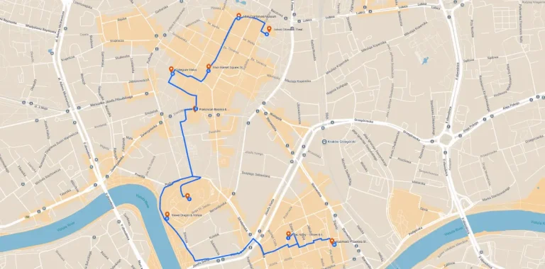 AnyWayTale - Cracow in One Day itinerary map covering the Old Town, Wawel and Kazimierz