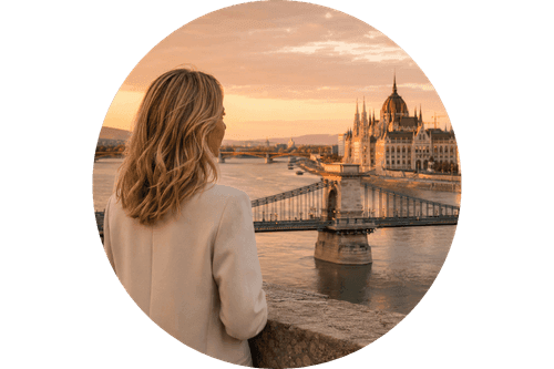 AnyWayTale - golden-hour Budapest view inspired by Jennifer Lawrence’s quote, with Parliament and Chain Bridge