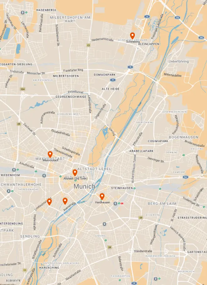 AnyWayTale map of Munich neighborhoods for choosing where to stay, including Altstadt, Maxvorstadt, and Schwabing.